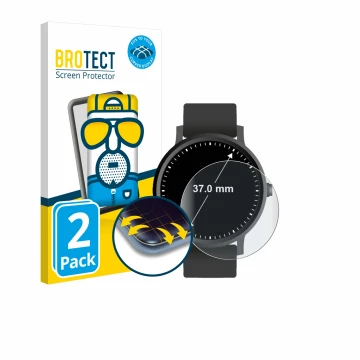 Vorderseite einer Produktverpackung mit dem Markenlogo BROTECT. Daneben ist das Gerät Armbanduhren (Kreisrund, ø: 37 mm) mit d