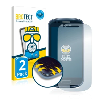 Vorderseite einer Produktverpackung mit dem Markenlogo BROTECT. Daneben ist das Gerät Samsung Galaxy S3 Mini I8190 mit dem zug