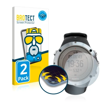 Vorderseite einer Produktverpackung mit dem Markenlogo BROTECT. Daneben ist das Gerät Suunto Ambit3 Peak Sapphire mit dem zuge