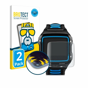 Vorderseite einer Produktverpackung mit dem Markenlogo BROTECT. Daneben ist das Gerät Garmin Forerunner 920XT mit dem zugehöri