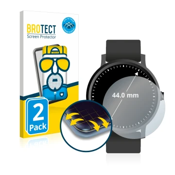 Vorderseite einer Produktverpackung mit dem Markenlogo BROTECT. Daneben ist das Gerät Armbanduhren (Kreisrund, ø: 44 mm) mit d