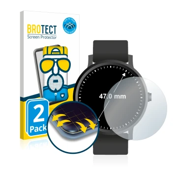 Vorderseite einer Produktverpackung mit dem Markenlogo BROTECT. Daneben ist das Gerät Armbanduhren (Kreisrund, ø: 47 mm) mit d
