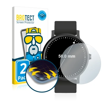 Vorderseite einer Produktverpackung mit dem Markenlogo BROTECT. Daneben ist das Gerät Armbanduhren (Kreisrund, ø: 50 mm) mit d
