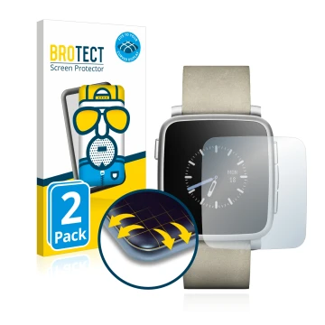 Vorderseite einer Produktverpackung mit dem Markenlogo BROTECT. Daneben ist das Gerät Pebble Time Steel mit dem zugehörigen Di