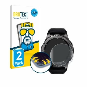 Vorderseite einer Produktverpackung mit dem Markenlogo BROTECT. Daneben ist das Gerät Samsung Gear S3 Frontier mit dem zugehör