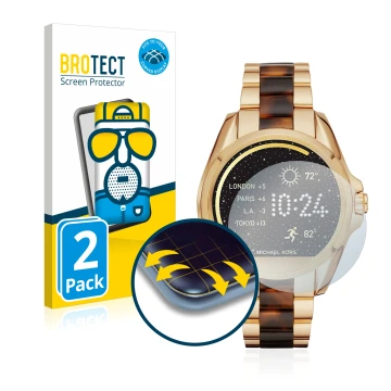 Vorderseite einer Produktverpackung mit dem Markenlogo BROTECT. Daneben ist das Gerät Michael Kors Access Bradshaw mit dem zug