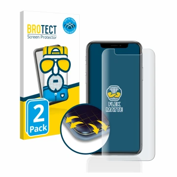 Vorderseite einer Produktverpackung mit dem Markenlogo BROTECT. Daneben ist das Gerät Apple iPhone X mit dem zugehörigen Displ