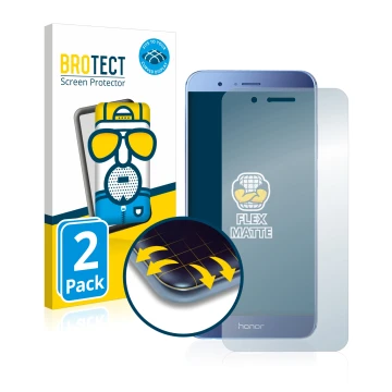 Vorderseite einer Produktverpackung mit dem Markenlogo BROTECT. Daneben ist das Gerät Honor 8 Pro mit dem zugehörigen Displays