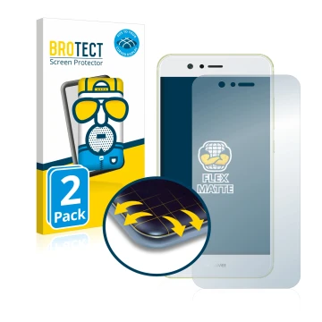 Vorderseite einer Produktverpackung mit dem Markenlogo BROTECT. Daneben ist das Gerät Huawei Nova 2 mit dem zugehörigen Displa