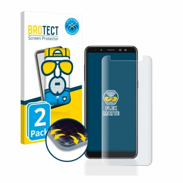 Vorderseite einer Produktverpackung mit dem Markenlogo BROTECT. Daneben ist das Gerät Samsung Galaxy A8 2018 mit dem zugehörig