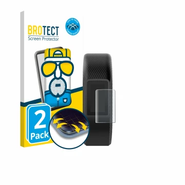 Vorderseite einer Produktverpackung mit dem Markenlogo BROTECT. Daneben ist das Gerät Garmin Vivosport mit dem zugehörigen Dis