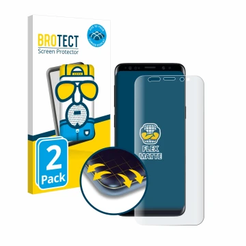 Vorderseite einer Produktverpackung mit dem Markenlogo BROTECT. Daneben ist das Gerät Samsung Galaxy S9 mit dem zugehörigen Di