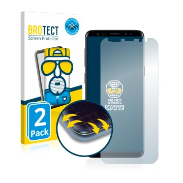 Vorderseite einer Produktverpackung mit dem Markenlogo BROTECT. Daneben ist das Gerät Samsung Galaxy S9 Plus mit dem zugehörig