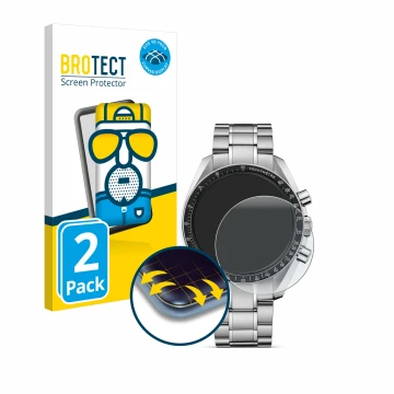 Vorderseite einer Produktverpackung mit dem Markenlogo BROTECT. Daneben ist das Gerät Omega Speedmaster Moonwatch Professional