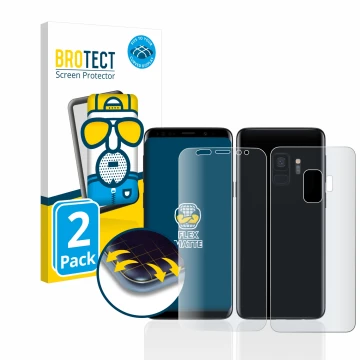 Vorderseite einer Produktverpackung mit dem Markenlogo BROTECT. Daneben ist das Gerät Samsung Galaxy S9 (Display+Rückseite) mi