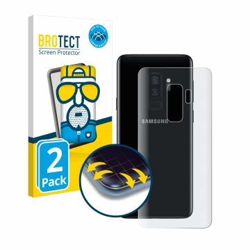 Vorderseite einer Produktverpackung mit dem Markenlogo BROTECT. Daneben ist das Gerät Samsung Galaxy S9 Plus (Rückseite) mit d