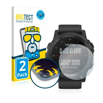 Vorderseite einer Produktverpackung mit dem Markenlogo BROTECT. Daneben ist das Gerät Garmin Tactix Charlie mit dem zugehörige