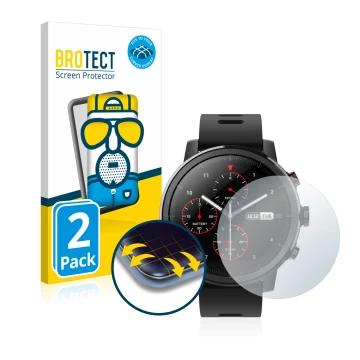 Vorderseite einer Produktverpackung mit dem Markenlogo BROTECT. Daneben ist das Gerät Huami Amazfit Stratos mit dem zugehörige