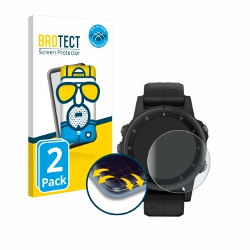 Vorderseite einer Produktverpackung mit dem Markenlogo BROTECT. Daneben ist das Gerät Garmin Fenix 5S Plus (42 mm) mit dem zug