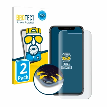 Vorderseite einer Produktverpackung mit dem Markenlogo BROTECT. Daneben ist das Gerät Apple iPhone Xs mit dem zugehörigen Disp
