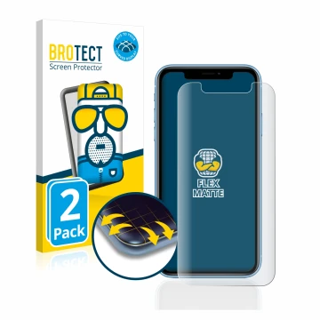 Vorderseite einer Produktverpackung mit dem Markenlogo BROTECT. Daneben ist das Gerät Apple iPhone XR mit dem zugehörigen Disp