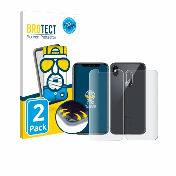 Vorderseite einer Produktverpackung mit dem Markenlogo BROTECT. Daneben ist das Gerät Apple iPhone Xs (Display+Rückseite) mit 