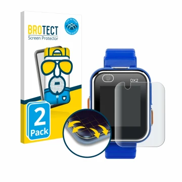 Vorderseite einer Produktverpackung mit dem Markenlogo BROTECT. Daneben ist das Gerät Vtech Kidizoom Smart Watch DX2 mit dem z