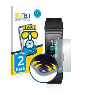 Vorderseite einer Produktverpackung mit dem Markenlogo BROTECT. Daneben ist das Gerät Huawei Band 3 Pro mit dem zugehörigen Di