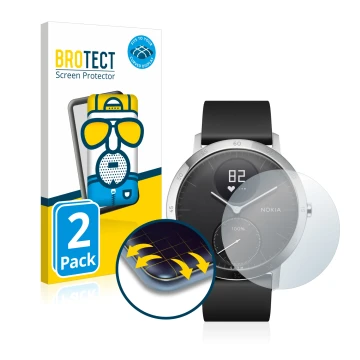 Vorderseite einer Produktverpackung mit dem Markenlogo BROTECT. Daneben ist das Gerät Withings Steel HR (40 mm) mit dem zugehö