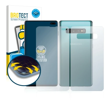 Vorderseite einer Produktverpackung mit dem Markenlogo BROTECT. Daneben ist das Gerät Samsung Galaxy S10 Plus (Display+Rücksei