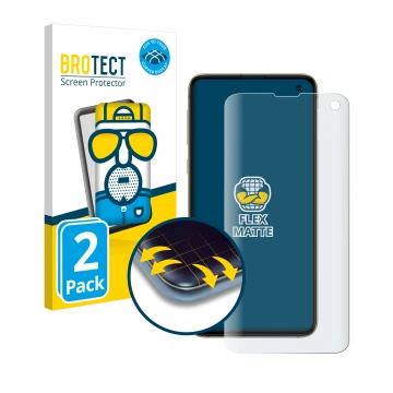 Vorderseite einer Produktverpackung mit dem Markenlogo BROTECT. Daneben ist das Gerät Samsung Galaxy S10e mit dem zugehörigen 