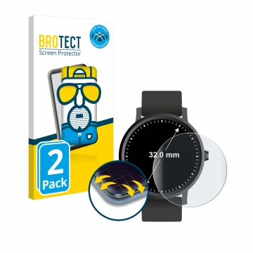 Vorderseite einer Produktverpackung mit dem Markenlogo BROTECT. Daneben ist das Gerät Kreisrunde Displays (ø: 32 mm) mit dem z