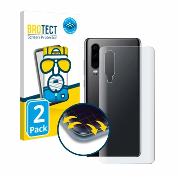 Vorderseite einer Produktverpackung mit dem Markenlogo BROTECT. Daneben ist das Gerät Huawei P30 (Rückseite) mit dem zugehörig