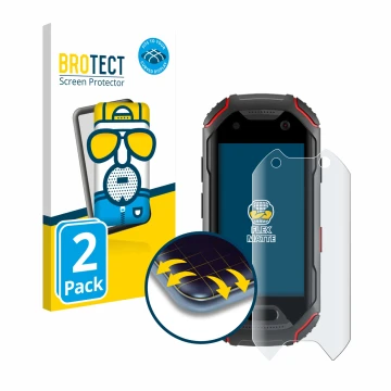 Vorderseite einer Produktverpackung mit dem Markenlogo BROTECT. Daneben ist das Gerät Unihertz Atom mit dem zugehörigen Displa