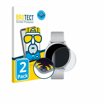 Vorderseite einer Produktverpackung mit dem Markenlogo BROTECT. Daneben ist das Gerät Samsung Galaxy Watch Active mit dem zuge