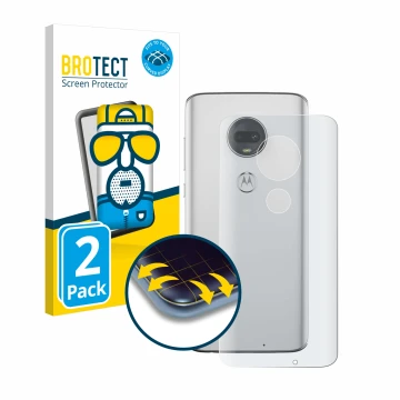 Vorderseite einer Produktverpackung mit dem Markenlogo BROTECT. Daneben ist das Gerät Motorola Moto G7 Plus (Rückseite) mit de