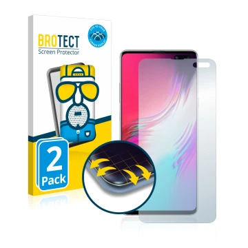 Vorderseite einer Produktverpackung mit dem Markenlogo BROTECT. Daneben ist das Gerät Samsung Galaxy S10 5G mit dem zugehörige