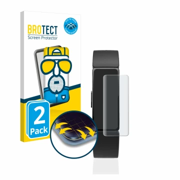 Vorderseite einer Produktverpackung mit dem Markenlogo BROTECT. Daneben ist das Gerät Fitbit Inspire mit dem zugehörigen Displ
