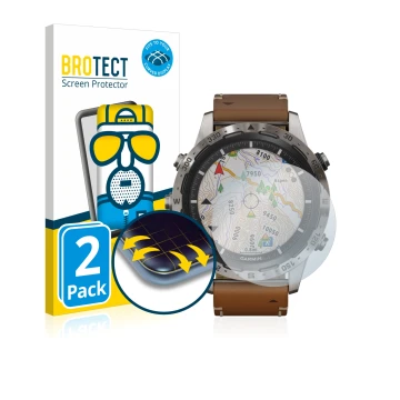 Vorderseite einer Produktverpackung mit dem Markenlogo BROTECT. Daneben ist das Gerät Garmin Marq Adventurer mit dem zugehörig