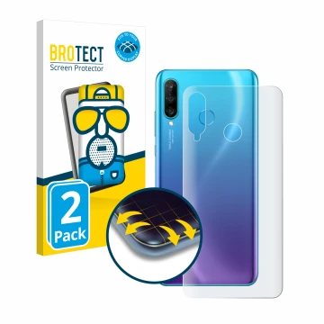 Vorderseite einer Produktverpackung mit dem Markenlogo BROTECT. Daneben ist das Gerät Huawei P30 lite (Rückseite) mit dem zuge