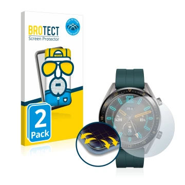 Vorderseite einer Produktverpackung mit dem Markenlogo BROTECT. Daneben ist das Gerät Huawei Watch GT Active mit dem zugehörig