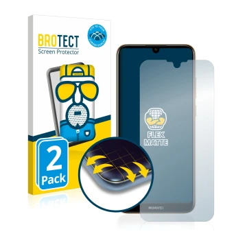 Vorderseite einer Produktverpackung mit dem Markenlogo BROTECT. Daneben ist das Gerät Huawei Y6 2019 mit dem zugehörigen Displ