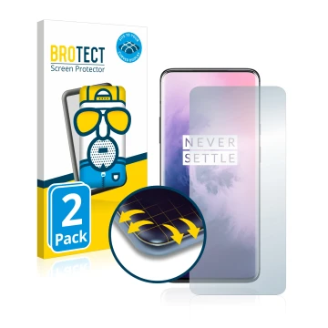 Vorderseite einer Produktverpackung mit dem Markenlogo BROTECT. Daneben ist das Gerät OnePlus 7 Pro mit dem zugehörigen Displa