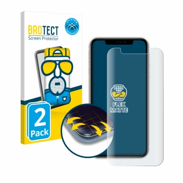 Vorderseite einer Produktverpackung mit dem Markenlogo BROTECT. Daneben ist das Gerät Apple iPhone 11 mit dem zugehörigen Disp