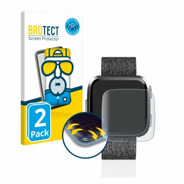 Vorderseite einer Produktverpackung mit dem Markenlogo BROTECT. Daneben ist das Gerät Fitbit Versa Special Edition mit dem zug
