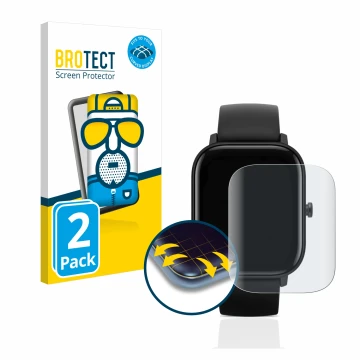 Vorderseite einer Produktverpackung mit dem Markenlogo BROTECT. Daneben ist das Gerät Huami Amazfit GTS mit dem zugehörigen Di