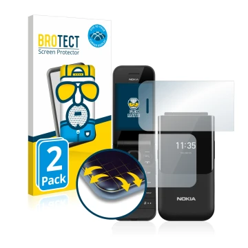 Vorderseite einer Produktverpackung mit dem Markenlogo BROTECT. Daneben ist das Gerät Nokia 2720 Flip mit dem zugehörigen Disp