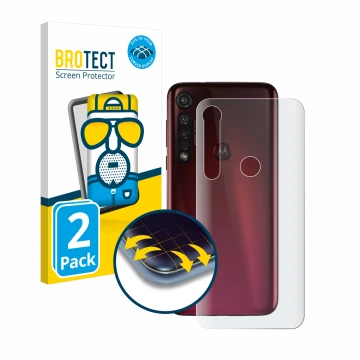 Vorderseite einer Produktverpackung mit dem Markenlogo BROTECT. Daneben ist das Gerät Motorola Moto G8 Plus (Rückseite) mit de