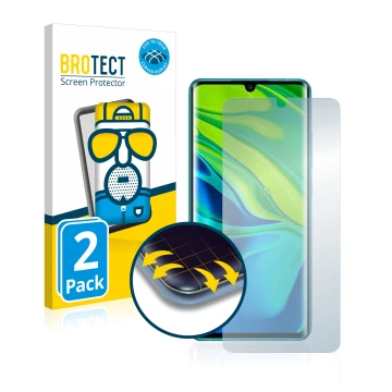 Vorderseite einer Produktverpackung mit dem Markenlogo BROTECT. Daneben ist das Gerät Xiaomi Mi Note 10 mit dem zugehörigen Di