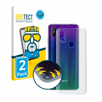 Vorderseite einer Produktverpackung mit dem Markenlogo BROTECT. Daneben ist das Gerät Cubot Max 2 (Rückseite) mit dem zugehöri